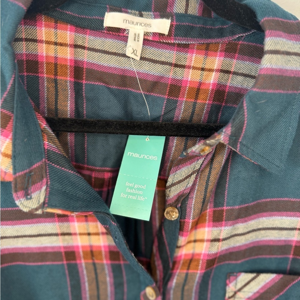 NWT Maurices Plaid Flannel Button Front Shirt Teal Pink XL - Picture 2 of 5